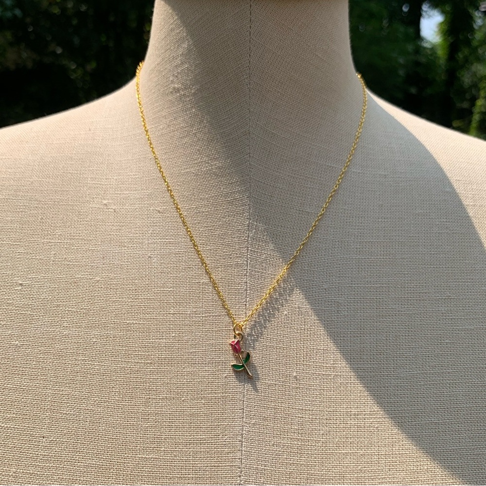NWT Sterling Silver Plated Chain, Enamel Rose Flower Alloy Charm Neckkace - Picture 6 of 15